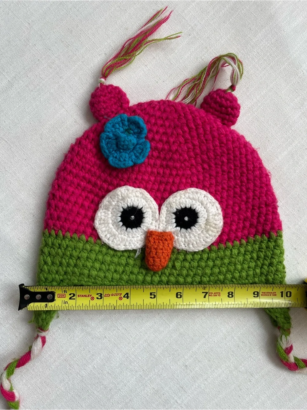 Hand Crafted Pink and Green Owl Earflap Crochet Hat with Blue Flower